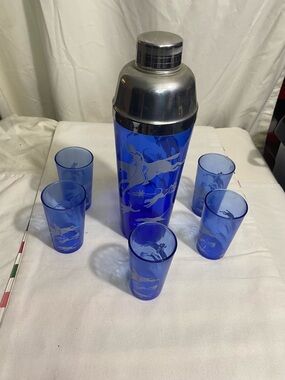 Hazel Atlas Cobalt Blue Fox Hunt Cocktail Shaker Set w/ 5 Glasses MCM Barware